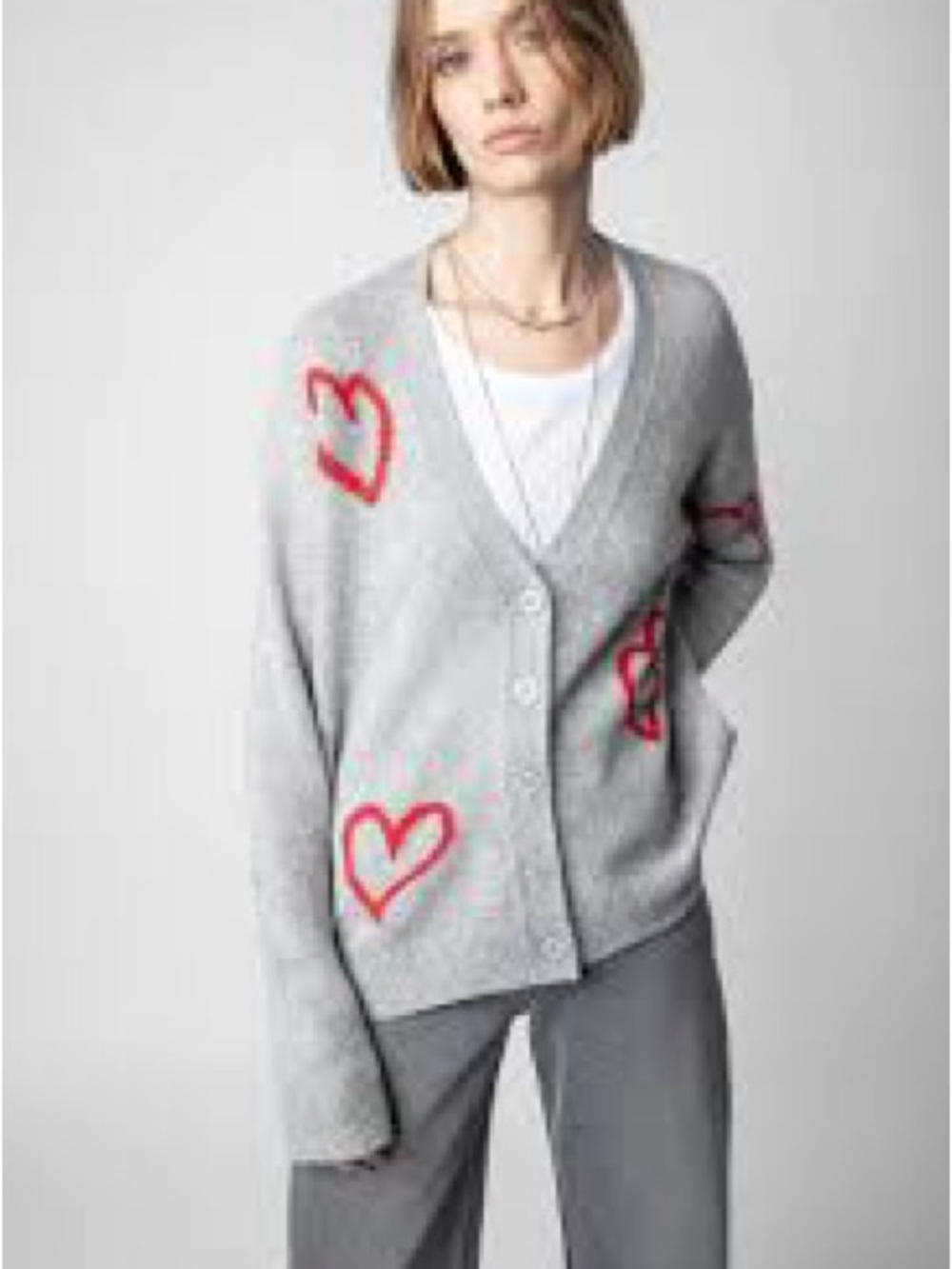 Zadig and Voltaire Gray Heart-Accent V-Cardigan Sweater - Women's *CASHMERE*